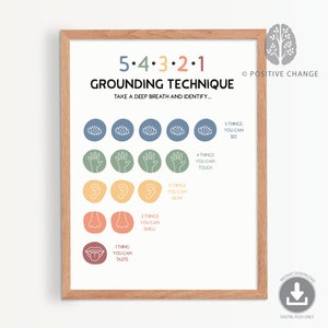 Grounding technique print, 54321 grounding exercise, 5 senses mindfulness, mental health, CBT, counsellor office decor, therapy office 0013