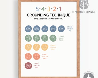 Puede incluir: Un póster imprimible con una técnica de puesta a tierra que utiliza el método 5-4-3-2-1. El póster presenta una serie de círculos coloridos con iconos que representan la vista, el tacto, el oído, el olfato y el gusto. El texto "5-4-3-2-1 Técnica de puesta a tierra" está en la parte superior del póster. El texto "Respira hondo e identifica..." está debajo del título. El póster está enmarcado en un marco de madera marrón claro.
