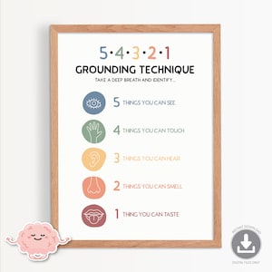 54321 Grounding technique print, grounding exercises, 5 senses mindfulness, mental health, CBT, counsellor office decor, therapy office 0013