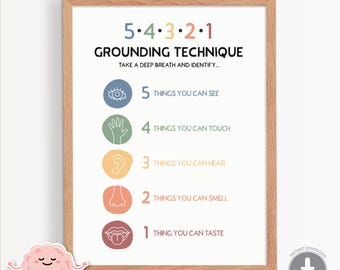 54321 Grounding technique print, grounding exercises, 5 senses mindfulness, mental health, CBT, counsellor office decor, therapy office 0013