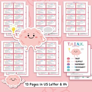 May include: A collection of printable educational materials with a pink brain graphic and the text "T.H.I.N.K. Before You Speak." The materials include cards and posters with questions to consider before speaking. The set includes 13 pages in US Letter and A4 sizes.