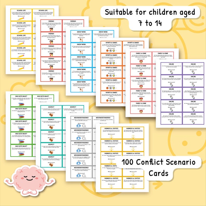 May include: A collection of 100 conflict scenario cards for children aged 7 to 14. The cards are organized by topic, including school life, friends, group work, sports & games, family & home, and online. The cards have colorful borders and include the text "What do you do?"