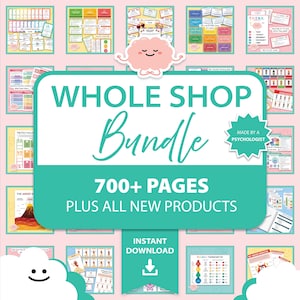 May include: A bundle of educational resources, including charts and guides, with the text "WHOLE SHOP Bundle" and "700+ PAGES". The image features a teal and white design with a pink background and a smiling cloud.