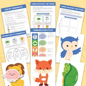 May include: A collection of educational posters and illustrations about communication styles. The posters feature text and colorful cartoon characters, including a turtle, owl, fox, and lion. The theme focuses on self-care and understanding different communication approaches.