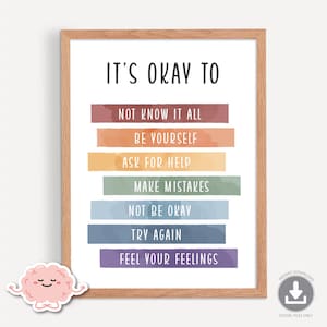 Det är okej att inte vara okej-poster, Var dig själv, Mental hälsa, Barnmotivation, Dekor för kuratormottagning, Akvarell väggkonst för barnrum 0030