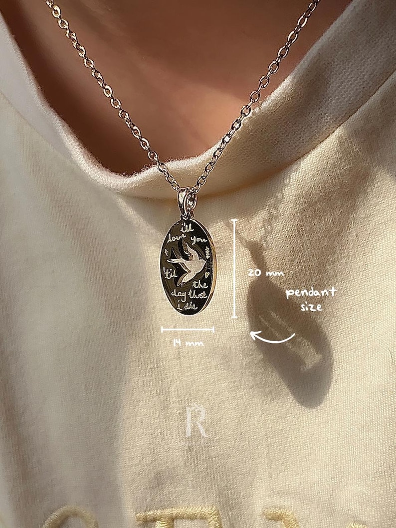 Peut inclure: Collier en argent avec un pendentif rond repr&eacute;sentant un oiseau en vol et le texte "I'll love you til the day that I die". Le pendentif mesure 20 mm de diam&egrave;tre.