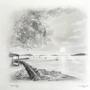 May include: Pencil drawing of a coastal landscape featuring a house, stone wall, and boats on the water. A large tree with foliage overhangs the scene. The sun sets in the distance, creating a soft, hazy effect.