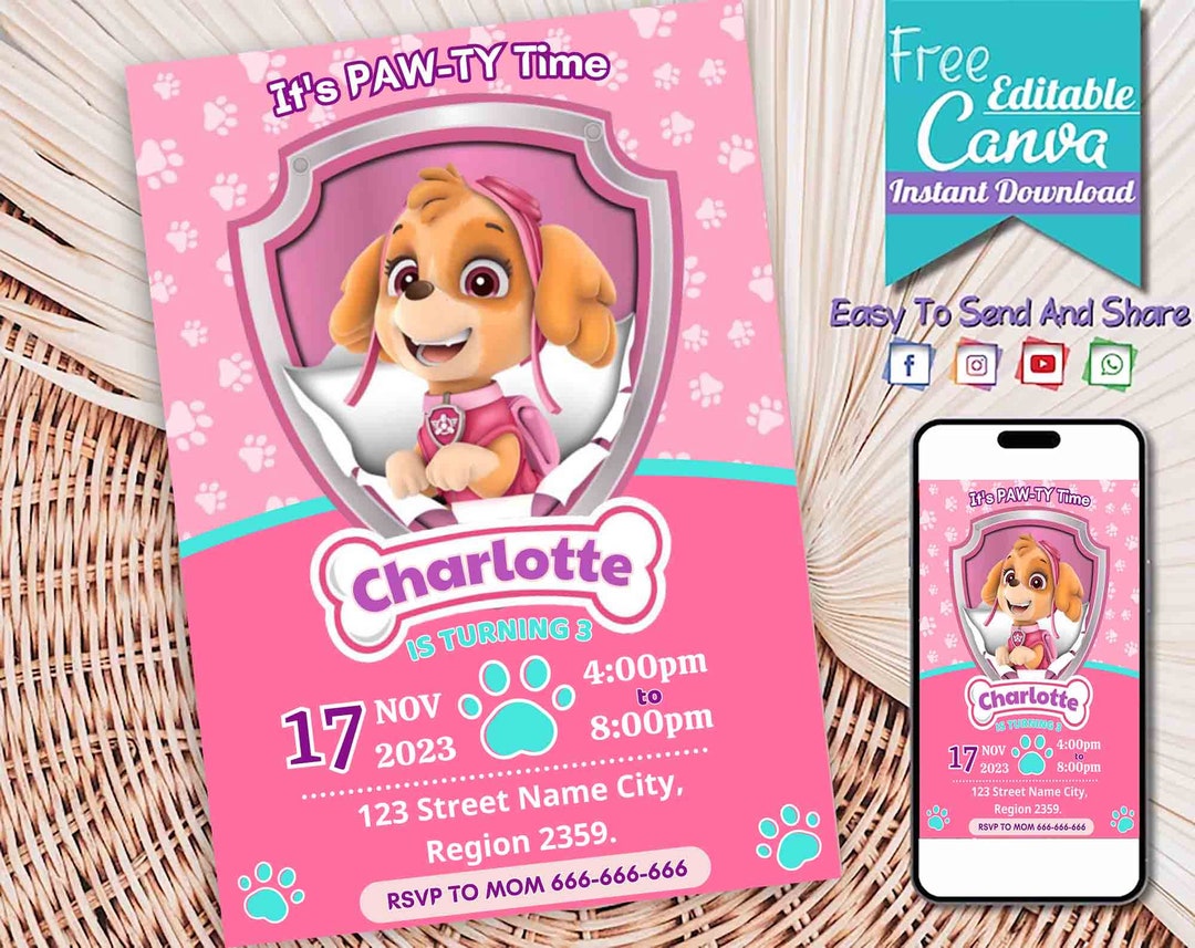 pink-dog-birthday-invitation-template-birthday-pink-dog-party-etsy