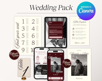Burgundy Wedding Template Bundle: Canva Website with RSVP and Matching Printable Stationery