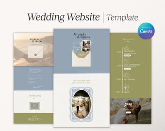 Plantilla de sitio web de boda azul empolvado con confirmación de asistencia, invitación romántica verde oliva en Canva