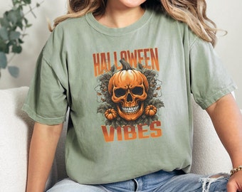 Skull Pumpkin Halloween Vibes Shirt - Comfort Colors Tee