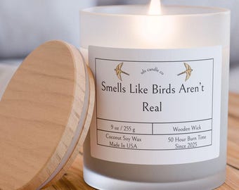 Birds Aren't Real Candle: Satirical Conspiracy Gift, Wooden Wick
