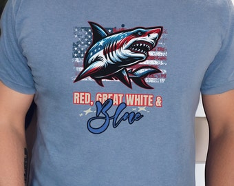 Patriotic Shark Graphic Tee, USA Flag Comfort Colors Shirt