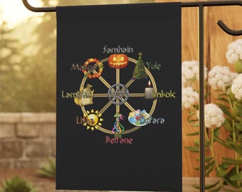 Drapeau de jardin en forme de roue de Samhain : décoration d'Halloween païenne, art du jardin des sorcières