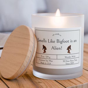 Bigfoot Alien Candle: Pine, Campfire Scent, Wooden Wick - 9oz