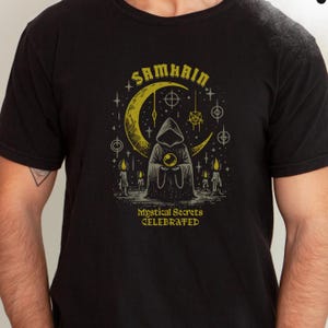 Samhain, Camicia da strega, ruota dell'anno, camicia pagana, camicia di Halloween, calendario delle streghe, calendario Wiccan, abbigliamento pagano, camicia Samhain, Wicca