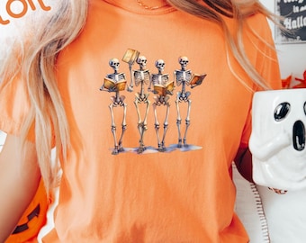 Camiseta Skeleton Book Lover: Camiseta de leitura da temporada assustadora