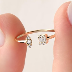 Open Cuff Design Solid Gold Ring Rectangular and Marquise Shaped Baguette Round Diamond Cluster Ring Dainty Stacking Ring Christmas Present
