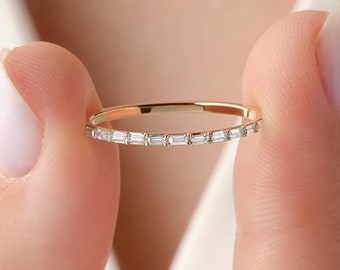 Minimalist Baguette Diamond Half Eternity Ring Dainty 18K Gold Stacking CZ Diamond Ring Gold Baguette Wedding Band Bridal Jewelry Gift Bride