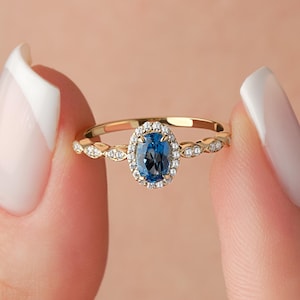 Natural London Blue Topaz Engagement Ring Moissanite Accents - Solid Gold Oval Blue Topaz Halo Ring