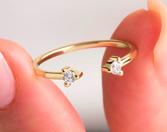 Stunning Dual Diamond Cuff Ring 18K Gold Open Ring Dainty Solid Gold Diamond Cuff Band Petite Stacking Diamond Ring Everyday Jewelry Gift