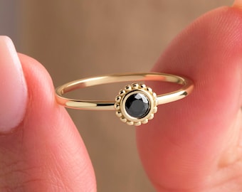 Black Stone Ring 14K Gold Solitaire Diamond Ring Solid Gold Diamond Black Beaded Bezel Ring Gold Gemstone Ring Black Jewelry Handmade Gift