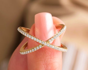 14k Gold Cross Ring Solid Gold Diamond Criss Cross Ring Gold X Ring Diamond Cross Ring Gift for Her Crossed Ring Women Handmade Jewelry Gold