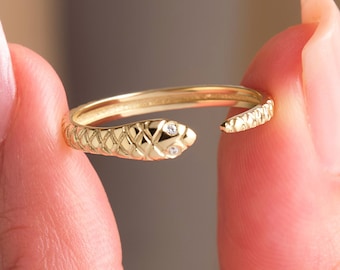 Snake Ring Diamond Eyes Solid Gold Snake Ring Open Serpent Ring 14K Gold Snake Band Wrap Ring Snake Diamond Ring Wrap Snake Jewelry Gift Her