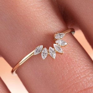 Curved Marquise CZ Diamond Wedding Band, 18K Gold Matching Nesting Ring, Stackable Bridal Jewelry