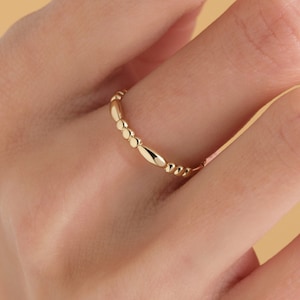 10K Gold Dot and Dash Stacking Ring - Dainty Beaded Gold Band Women, Minimalist Jewelry