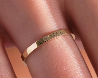 Custom Engraved 14K Gold Band Personalized Name Ring Unisex Solid Gold Ring Dainty Customize Couples Ring Name Engraving Jewelry Custom Gift