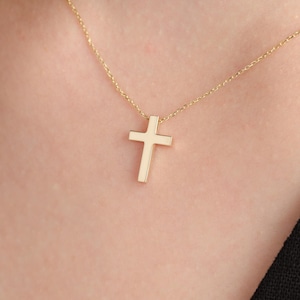 Solid Gold Cross Necklace in 14K or 18K Yellow or White Gold, Minimalist Faith Pendant, Religious Jewelry Baptism Gift, Everyday Necklace