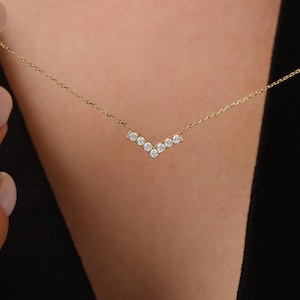 V-Shaped Chevron Pendant Necklace 14K Gold - Dainty Solid Gold Chevron CZ Diamond Necklace -Minimalist Gold Layering Necklace Gift for Women