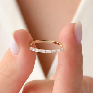 Delicate Baguette Wedding Band 14K Real Gold Diamond Bridal Ring Dainty Gold Stackable Engagement Ring Gift For Bride Baguette Jewelry Women