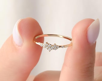 14K Gold Cluster Ring - Minimalist CZ Diamond Cluster Band, Stackable Jewelry for Women