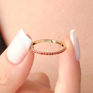 Delicate Garnet Ring Solid Gold Garnet Micro Pave Band Minimalist Half Eternity Band Dainty Stackable Birthstone Ring Women Custom Jewelry