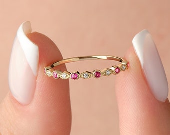 Dainty Gold Bezel Round Cut Ruby & CZ Diamond Ring - 14K Solid Gold Milgrain Wedding Band