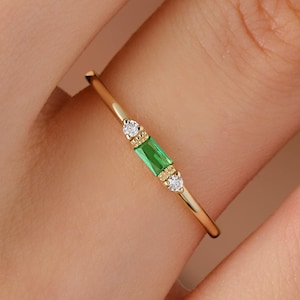 Dainty Baguette Emerald Stacking Gold Ring Minimalist Three Stone Ring 14K Solid Gold Green Gemstone May Birthstone Jewelry Custom Gift Band