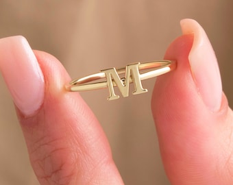 14K Gold Initial Ring Solid Gold Letter Ring Initial Gold Ring Personalized Gift Custom Ring Birthday Gift Women Minimalist Initial Band Her