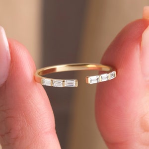 Baguette Diamond Cuff Ring 14K Gold, Open Gold Stacking Baguette Ring, Solid Gold Diamond Open Ring, Gold Bridal Ring Matching Jewelry Gift