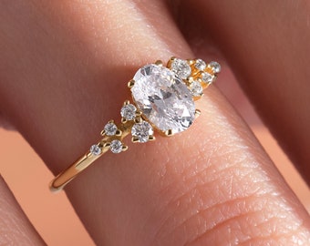 Oval Cut Diamond CZ Cluster Gold Engagement Ring, Solid Gold Promise Band for Women