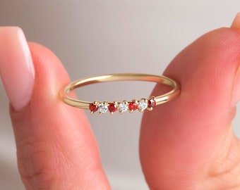 Solid Gold Diamond Garnet Gemstone Ring 14K Rose Gold Garnet Stack Ring Dainty Garnet Ring Women Delicate Ring Minimalist Gemstone Jewelry
