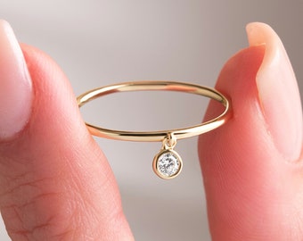 Solitaire Diamond Dangling Ring 18K Gold Dainty Diamond Ring Real Gold Minimalist Ring Delicate Unique Graduation Ring Trendy Summer Jewelry