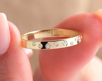 Petite Flush Set Diamond Half Eternity Band Ring Gold 14K Unique Wedding Ring Solid Gold Dainty Diamonds Band Celestial Jewelry Gift for Her