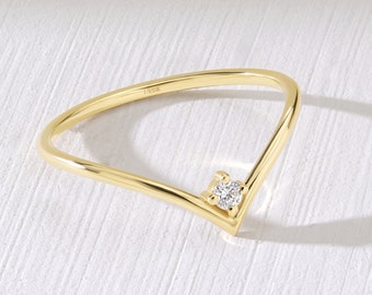 Solid Gold V Ring, Dainty Diamond Chevron Wedding Band, Wishbone Curved Stacking Engagement Ring, 14K Contour Band, Minimal Nesting Ring Her