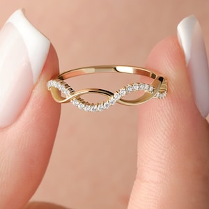 Gold Twist Ring 14K Solid Gold Infinity Band Real Gold Minimalist CZ Diamond Half Eternity Ring Dainty Stacking Ring Anniversary Gift Her