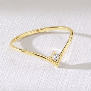 Solid Gold V Ring, Dainty Diamond Chevron Wedding Band, Wishbone Curved Stacking Engagement Ring, 14K Contour Band, Minimal Nesting Ring Her