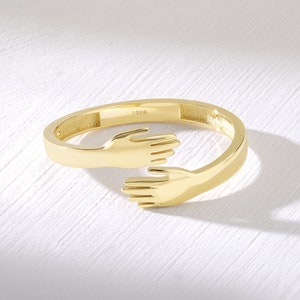 14K Gold Hug Ring, Mother Love Hug ring, 18K Solid Gold Unique Friendship Hugging Hands Ring Elegant Stylish Fine Jewelry