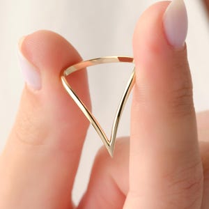 May include: A gold triangle ring with a simple, minimalist design. The ring is shown on a finger.