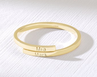 14K Gold Personalized Name Ring, 18K Solid Gold Personalized Engraved Dainty Stacking Wrap Ring Custom Name Gift Wife Mom